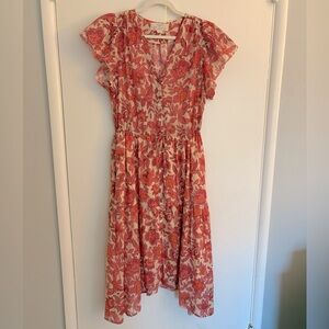 Trovata Birds of Paradis Kristi Coral Floral Print Dress